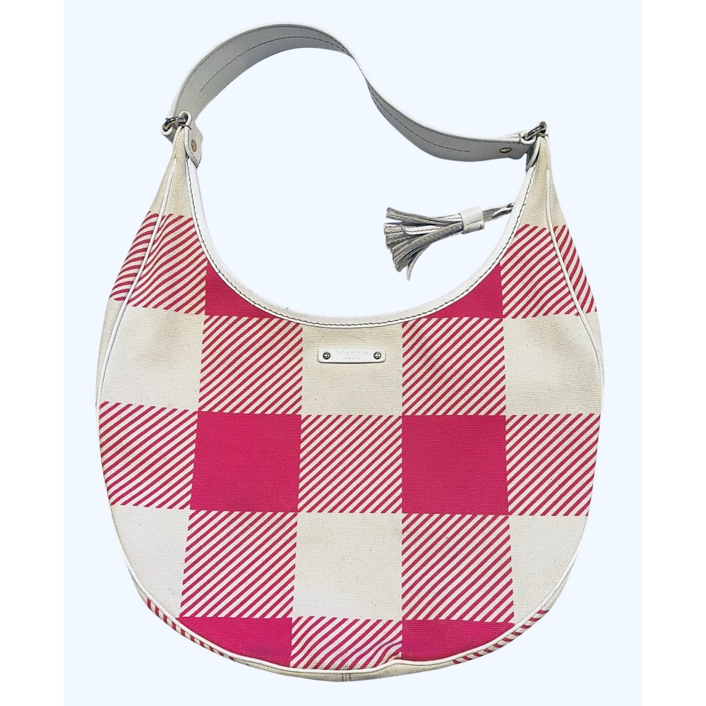 Kate Spade Pink Gingham Canvas Hobo Smile White Leather Trim Tassel Shoulder Bag